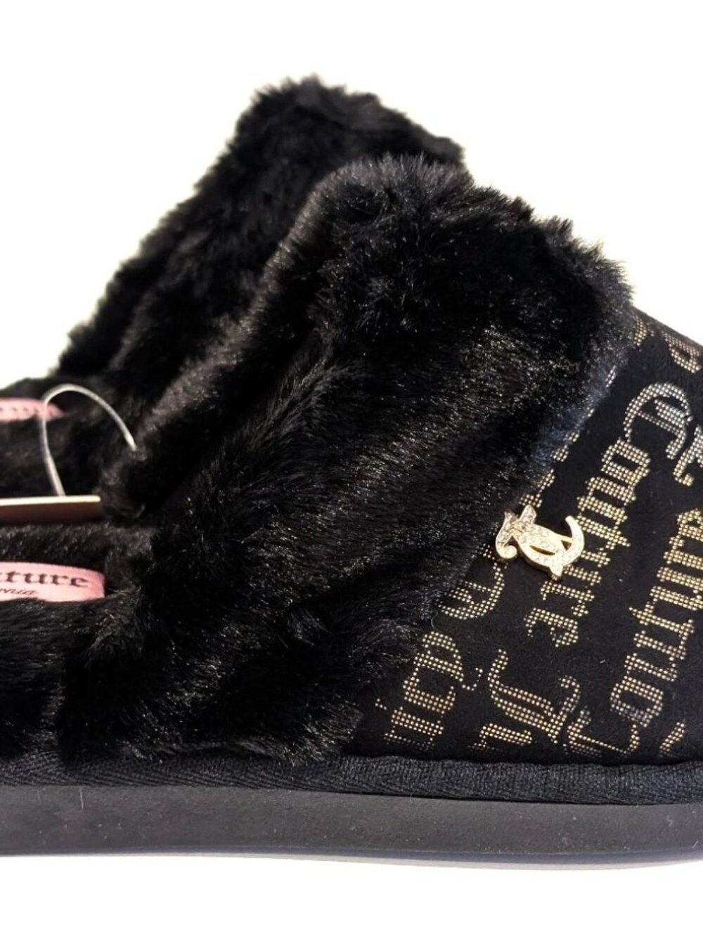 Juicy Couture Kamora 2 Slippers Black Gold Monogram Faux Fur Large L 9-10 NWT